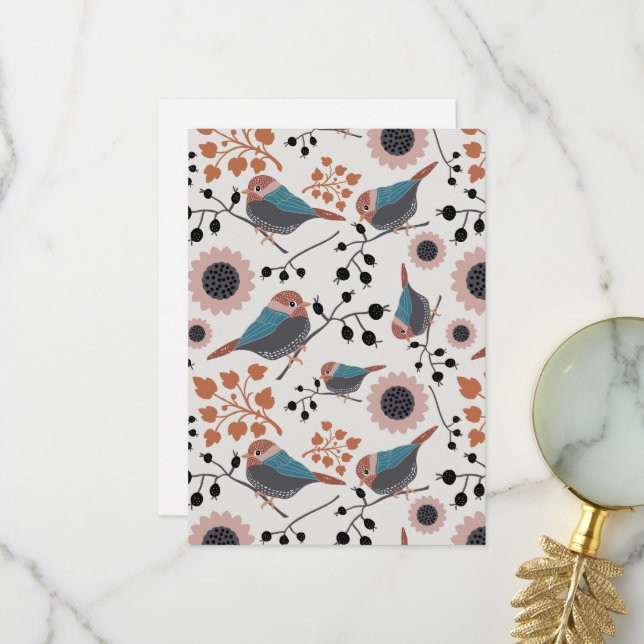 Carte De Remerciements Oiseau De Chickadee Et Berry Motif Design Floral (Devant/Arrière en situation)