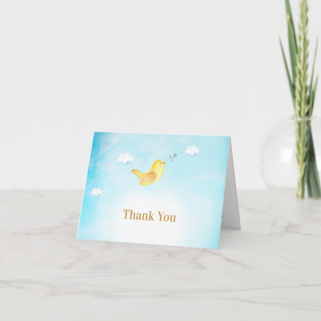 Carte De Remerciements *~* Oiseau jaune doux chantant les nuages du ciel  (Devant)