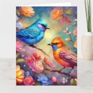 Carte De Remerciements Oiseaux colorés sur Branche Oiseau rose rose bleu