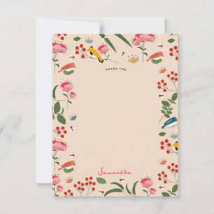 Carte De Remerciements Oiseaux floraux dessinés à la main Abeilles Motif 