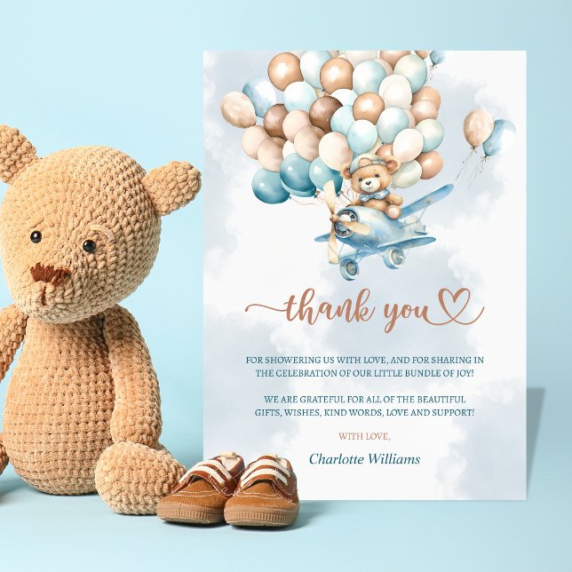 Carte De Remerciements On peut attendre le Baby shower Bleu Ballons (We can bearly wait baby shower thank you card)