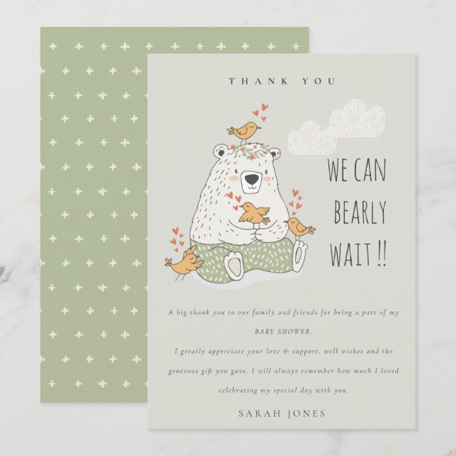 Carte De Remerciements On Peut Attendre Le Baby shower Oiseaux Ours (Devant / Derrière)
