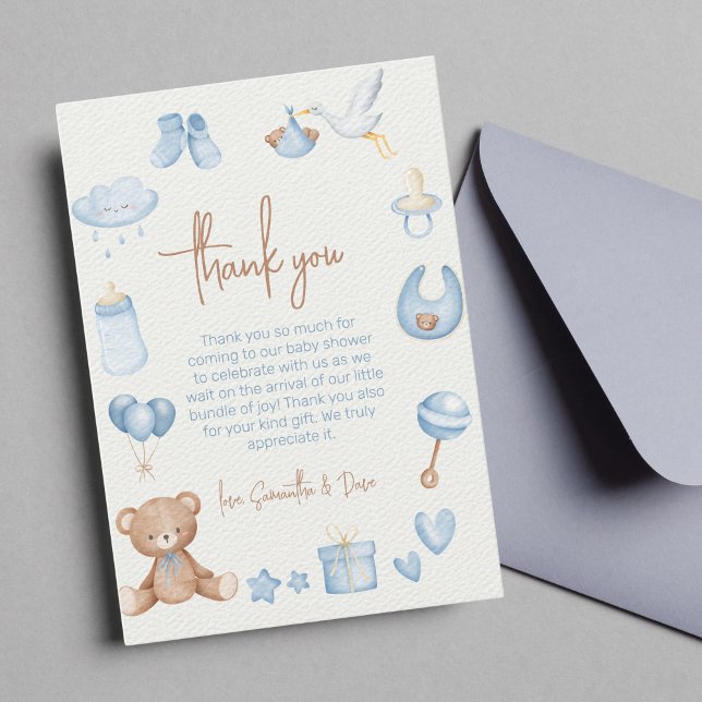 Carte De Remerciements On peut attendre léger Baby shower de garçon bleu  (thank you card baby shower "we can bearly wait")