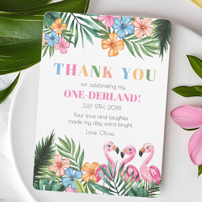 Carte De Remerciements Onederland Été Flamant rose tropical 1er anniversa (Onederland Summer Tropical Flamingo 1st Birthday Thank You Card)