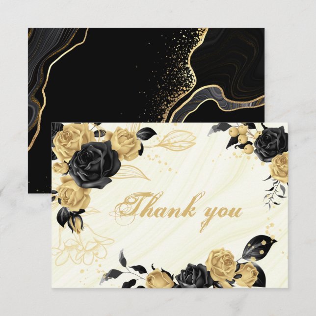 Carte De Remerciements or élégant et fleurs noires botanique (Devant / Derrière)