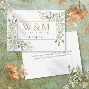 Carte De Remerciements Or Monogramme Vert Élégant