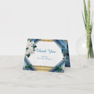 Carte De Remerciements Or, plumes de paon sur soie vert émeraude