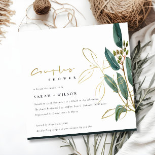CARTE DE REMERCIEMENTS OR VERT EUCALYPTUS FOLIAGE COUPLE DOUCHE INVITATIO