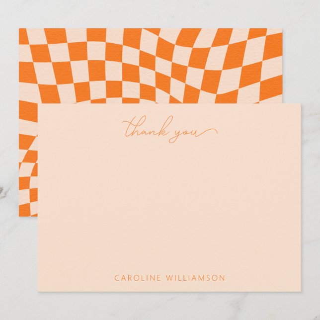 Carte De Remerciements Orange Blush Abstrait Checkerboard Nom personnalis (Devant / Derrière)