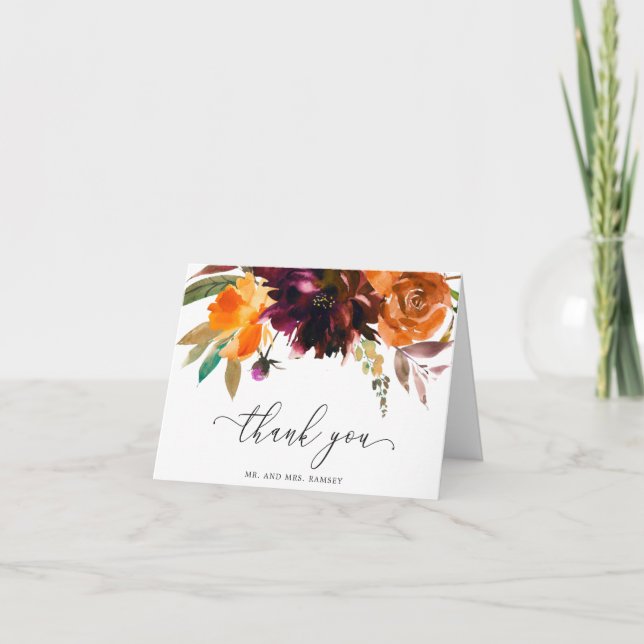 Carte De Remerciements Orange Bourgogne Brûlé Chute Florale Rustique Mari (Devant)
