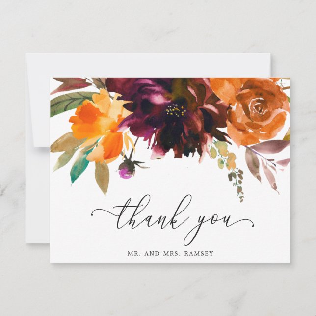 Carte De Remerciements Orange Bourgogne Brûlé Chute Florale Rustique Mari (Devant)