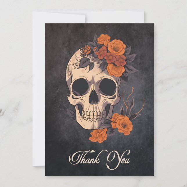 Carte De Remerciements Orange Fleurs Crâne Élégant Mariage traditionnel (Devant)