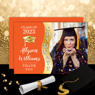 Carte De Remerciements Orange   Gold Graduate Wave Grad Casquette photo