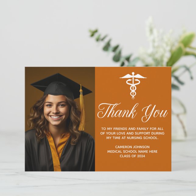 Carte De Remerciements Orange Médicale School Graduation Photo personnali (Debout devant)