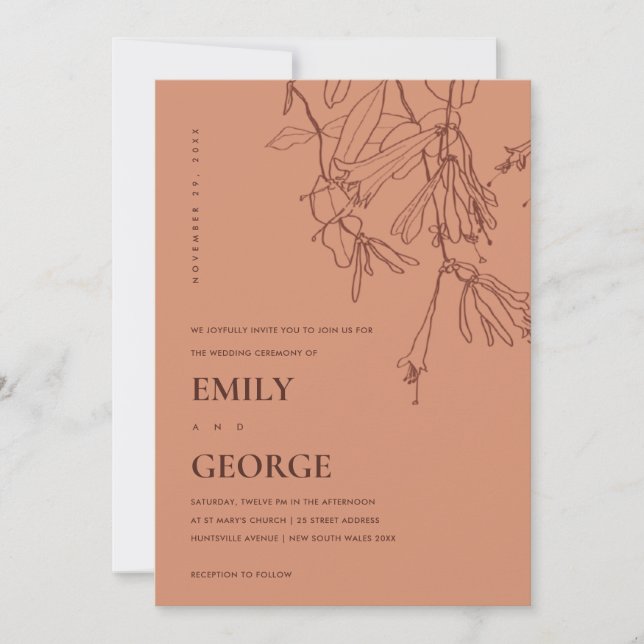 CARTE DE REMERCIEMENTS ORANGE RUST LINE DESIGN FLORAL MARIAGE INVITE (Devant)