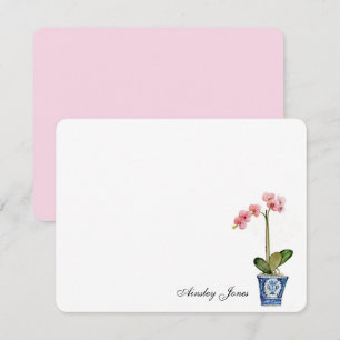 Carte De Remerciements Orchidée rose aquarelle dans un pot bleu