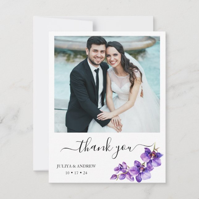 Carte De Remerciements Orchidée violette en mariage en script blanc (Devant)