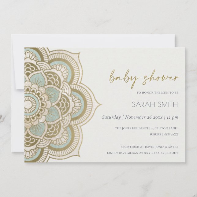 Carte De Remerciements Ornate Gold Turquoise Mandala Baby shower Invitati (Devant)