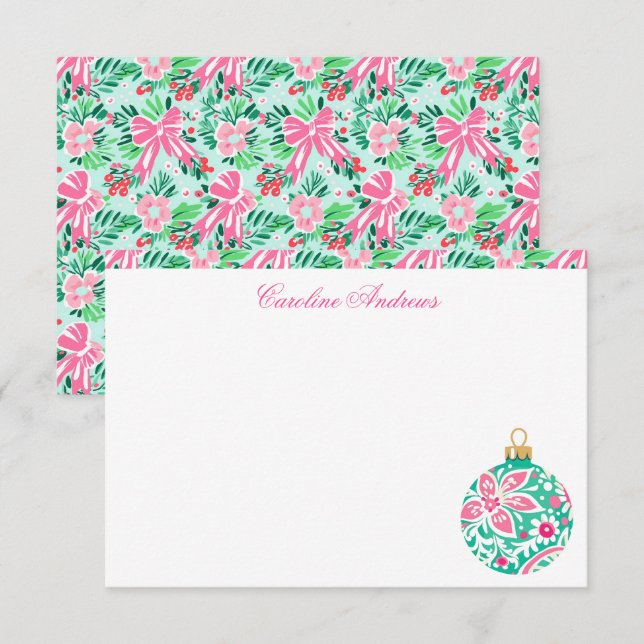 Carte De Remerciements Ornement de plage Preppy Pink & Green Palm (Devant / Derrière)
