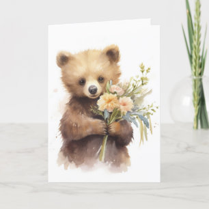 Carte De Remerciements Ours aquarelle avec Bouquet