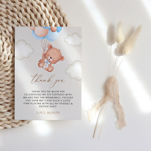 Carte De Remerciements Ours Bébé, Ballons Bleus, Premier anniversaire