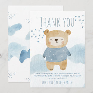 Carte De Remerciements Ours Bébé Bleu avec Coeurs et Nuages