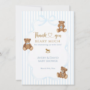 Carte De Remerciements Ours Bleu à peine attendre Baby Shower Élégante Ra