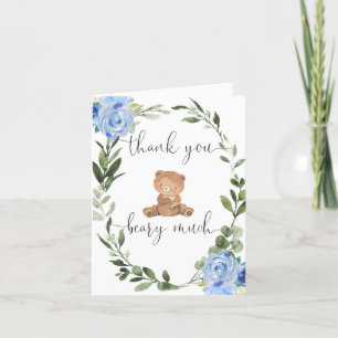 Carte De Remerciements Ours bleu en peluche fleuri vert eucalyptus mignon