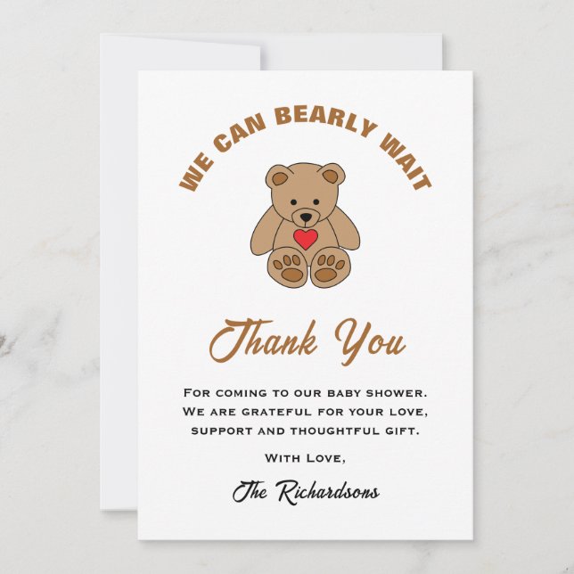 Carte De Remerciements Ours Brown Teddy Nous Pouvons Attendre Baby shower (Devant)