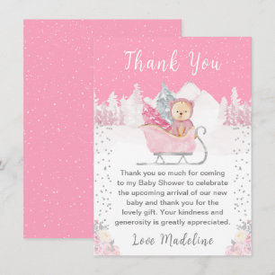 Carte De Remerciements Ours d'hiver Baby Shower Rose au Traîneau