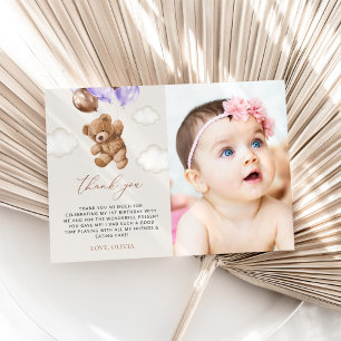 Carte De Remerciements Ours En Jeu, Ballons Violets, Premier Anniversaire