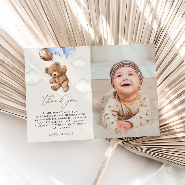 Carte De Remerciements Ours En Joue, Ballons Bleus, Premier Anniversaire (Créateur téléchargé)