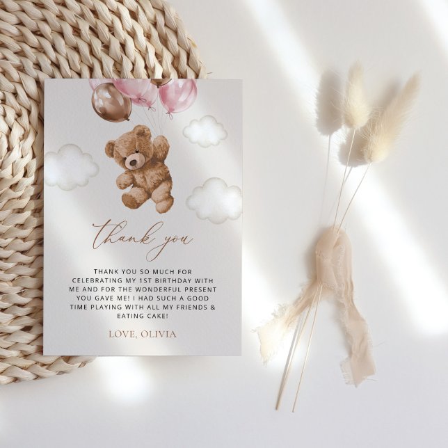 Carte De Remerciements Ours En Joue, Ballons Roses, Premier Anniversaire (Créateur téléchargé)