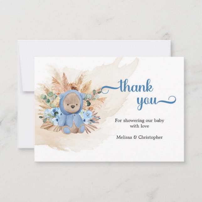 Carte De Remerciements Ours en peluche Boho fleurs bleues de palme séchée (Devant)
