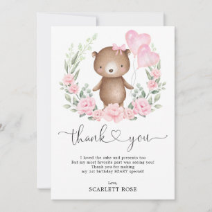 Carte De Remerciements Ours en peluche chic Ballons floraux roses Fille d