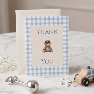 Carte De Remerciements Ours en peluche policier Baby Shower à carreaux bl