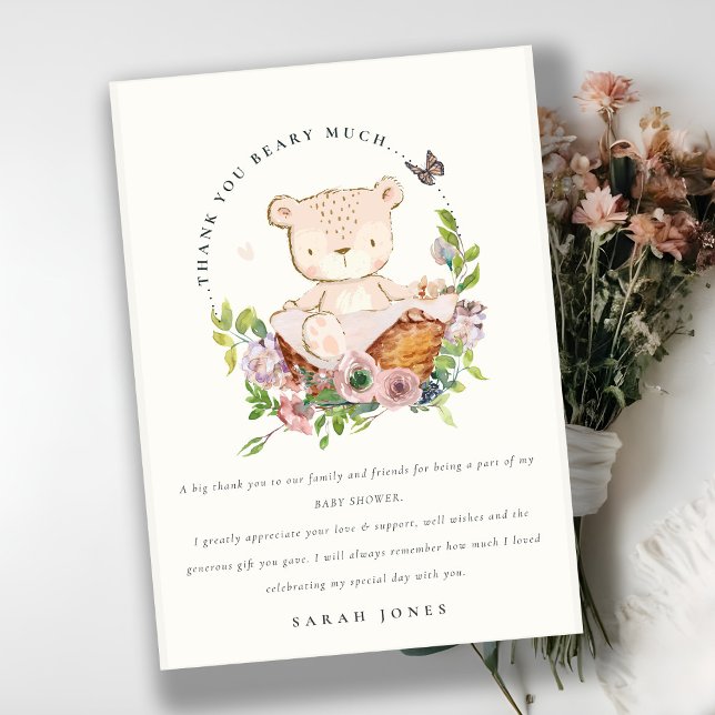 Carte De Remerciements Ours Teddy Mignonne Dans Panier Fleur Baby shower  (Créateur téléchargé)