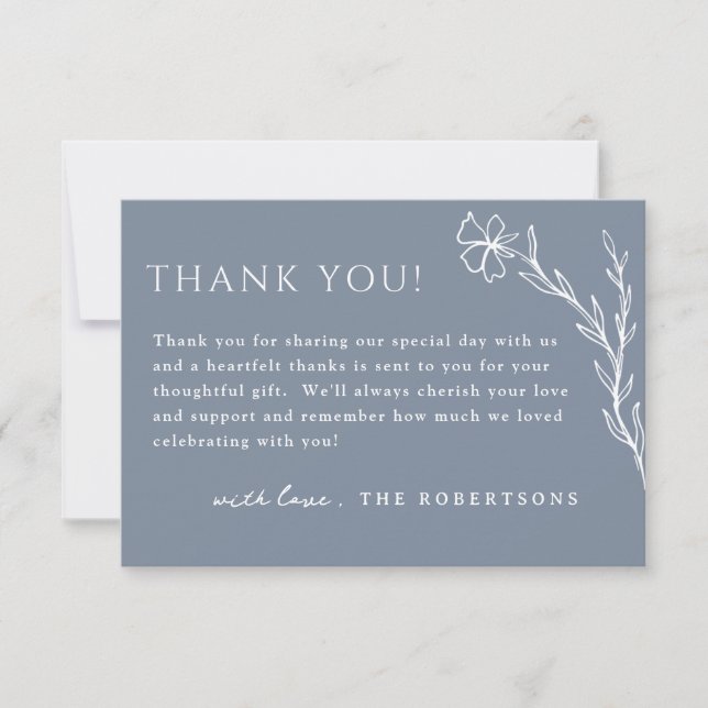 Carte De Remerciements Outline florale Boho moderne en bleu Dusty (Devant)