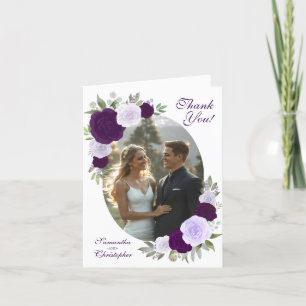 Carte De Remerciements Oval Photo Purple Boho Roses QR Code Mariage