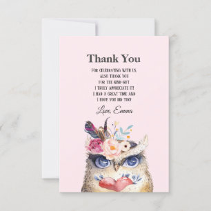 Carte De Remerciements OWL , bohemian, boho floral