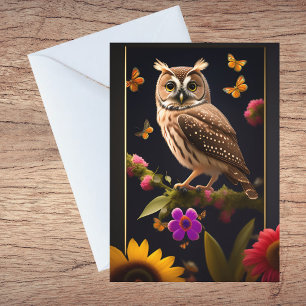 Carte De Remerciements Owl Yellow Butterflies Floral Illustration