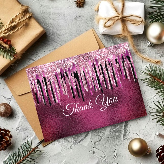 Carte De Remerciements Pailleté rose vif chic avec coulures noires (Créateur téléchargé)