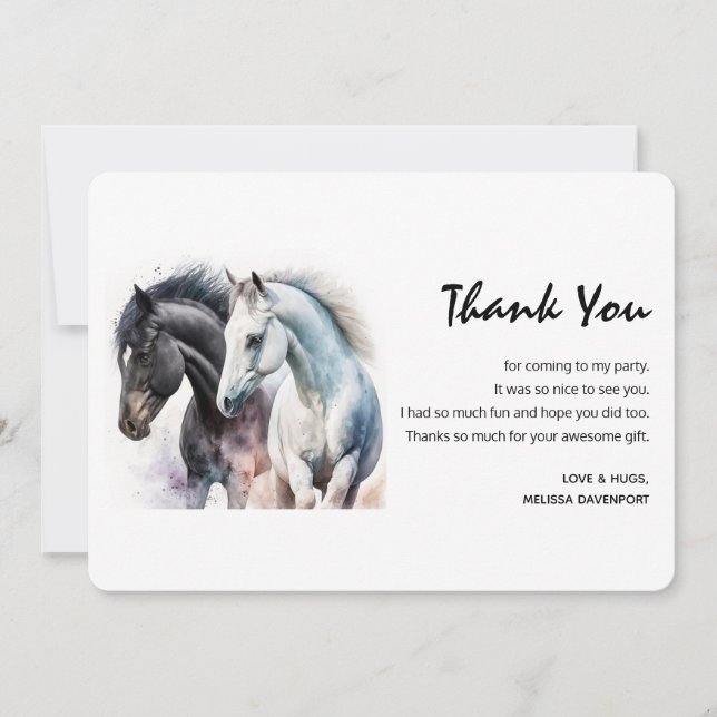 Carte De Remerciements Paire de cheval noir et blanc en aquarelle (Devant)