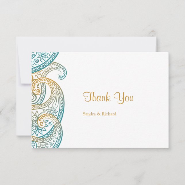 Carte De Remerciements Paisley turquoise et or Mariage indien traditionne (Devant)