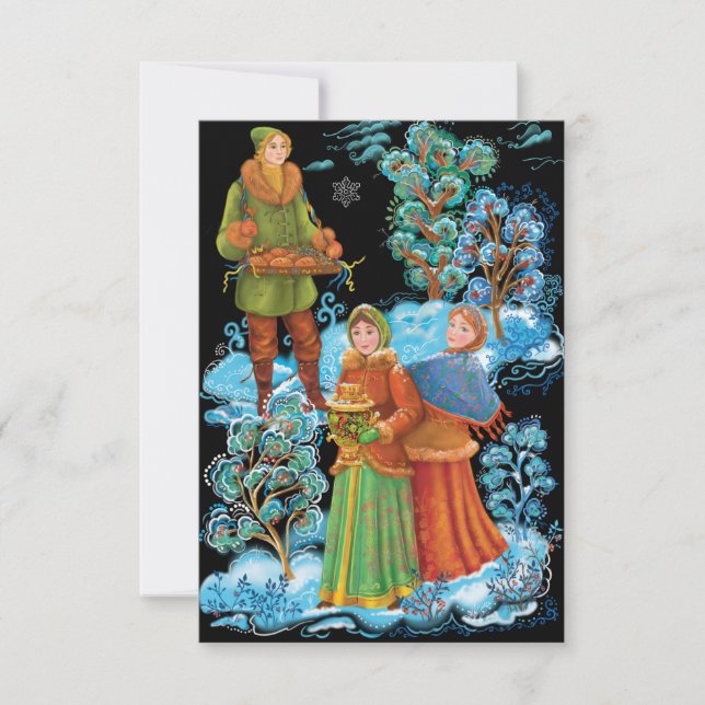 Carte De Remerciements Palekh. Folk Russe anciennes fêtes d'hiver (Devant)