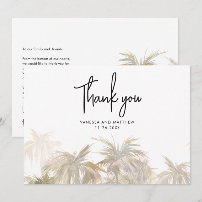 Carte De Remerciements Palmiers Coastal Lettré à la main Mariage (Devant / Derrière)