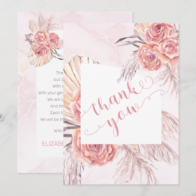 Carte De Remerciements Pampas Grass |Baby shower de fleurs roses (Devant / Derrière)