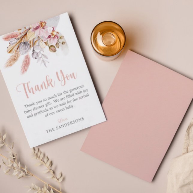 Carte De Remerciements Pampas Grass Boho Floral Blush Baby shower rose (Créateur téléchargé)