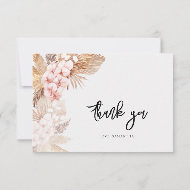 Carte De Remerciements Pampas Grass rose Floral Script Fête des mariées (Devant)