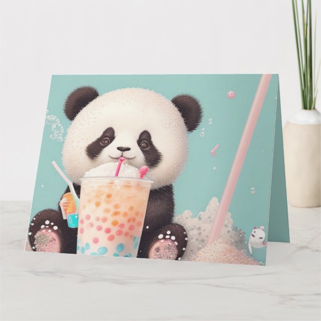 Carte De Remerciements Panda mignon buvant du bubble tea, thé aux perles (Devant)